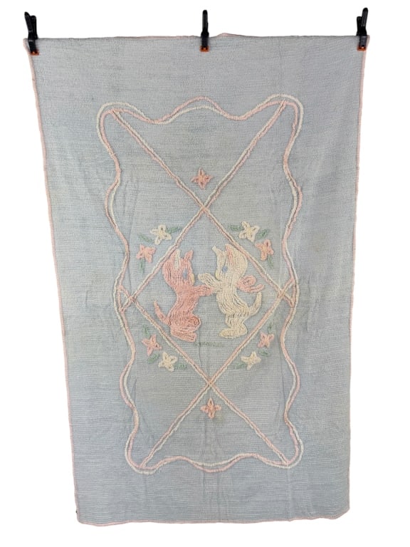 Vintage 1940s Chenille Baby Kitten Crib Blanket: Vintage 1940s Chenille Baby Kitten Crib Blanket having kittens graphic at center, general wear and spots as shown throughout. Measuring 69 inches by 41 inches.