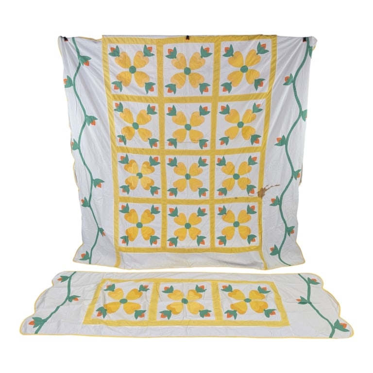 Vintage 1940s Floral Applique Quilt Top & Runner: Vintage 1940s Floral Applique Quilt Top & Runner having floral appliques throughout with general wear spots and holes as shown. Quilt top measuring approximately 84 inches by 90 inches.