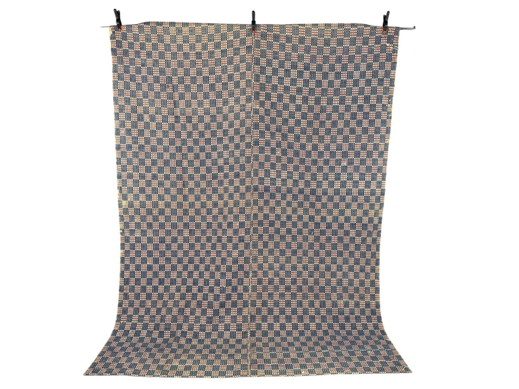 Antique Wool Overshot Checkerboard Coverlet: Antique Wool Overshot Checkerboard Coverlet having general wear and holes as shown throughout. Measuring approximately 86 inches by 67 inches.