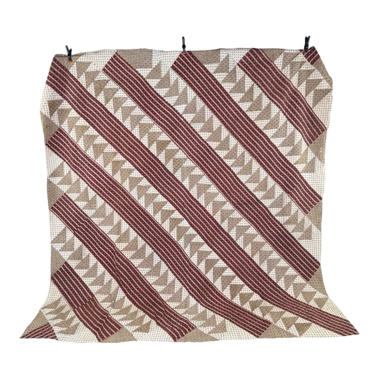 Antique Cotton Calico Flying Geese Quilt: Antique Cotton Calico Flying Geese Quilt having general wear, spots, and holes as shown throughout. Measuring approximately 91 inches by 90 inches.