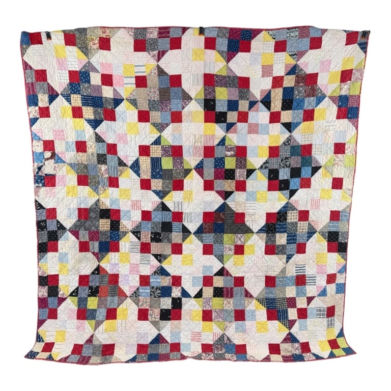 Antique Cotton Calico Sixteen Patch Quilt: Antique Cotton Calico Sixteen Patch Quilt having general wear holes and spots as shown throughout. Measuring approximately 79 inches by 79 inches.