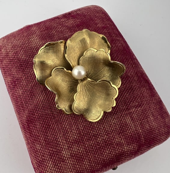 Estate Gold Filled Pansy Flower Brooch w Pearl (1 of 5)