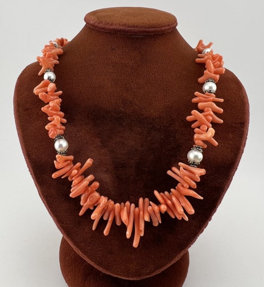 Sterling Silver Branch Coral Pearl Bead Necklace: Sterling Silver Branch Coral Pearl Bead Necklace. Toggle clasp, hallmarked. Necklace set with branch coral beads and high luster baroque pearls. Measures 16.5 inches in length.