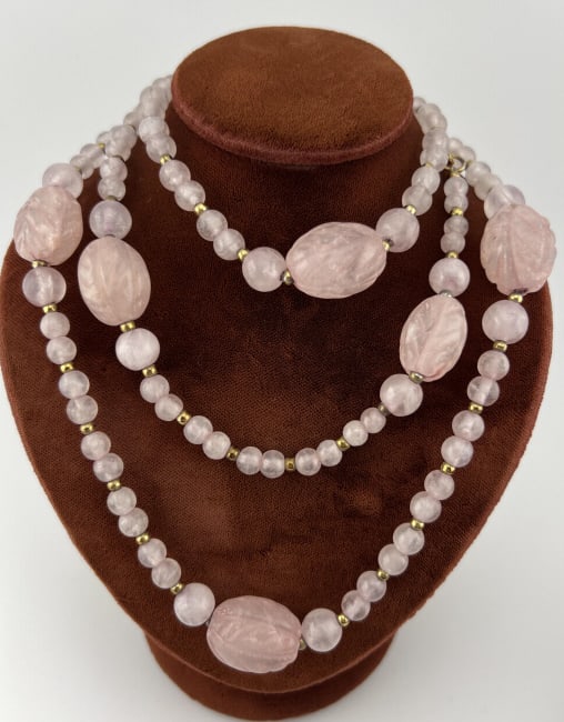Vintage Carved Rose Quartz Bead Necklace Strand (1 of 7)