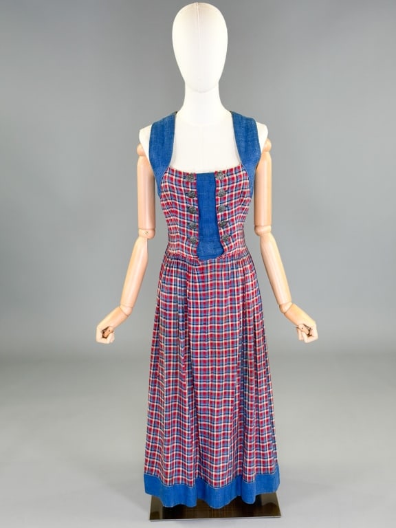 Vintage 1940s Lanz Salzburg Plaid Dirndl Dress: Vintage 1940s Original Lanz Salzburg Plaid Dirndl Dress having button front closure. Marked size 44. Measuring 36 inch bust, 25 inch waist, 48 inches long. General wear as shown throughout.