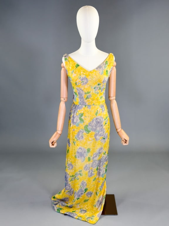 Vintage 1950s Silk Silk Chiffon Sequin Gown: Vintage 1950s Silk Silk Chiffon Sequin Gown having back zip closure. Measuring 36-38 inch bust, 26 inch waist, 55 inches long. General wear and shredding as shown throughout.
