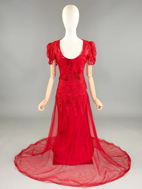 Vintage 1940s Red Lace Puff Sleeve Chiffon Gown: Vintage 1940s Red Lace Puff Sleeve Chiffon Gown having short puffed sleeves, side zip closure, and matching slip dress. Measuring 32-38 inch bust, 26-28 inch waist, 62 inches long, 9 inch sleeve lengt