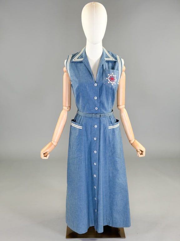 Vintage 1940s Chambray Nautical Style Dress: Vintage 1940s Chambray Nautical Style Dress having button front closure and belt at waist. Measuring 36-40 inch bust, 26 inch waist, 46 inches long.