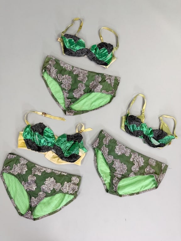 Collection Vintage 1950s Lame Stage Costume Sets: Collection Vintage 1950s Lame Stage Costume Sets including three lame stage bra and bottom sets. All in as-is condition as shown. Range of sizes, one bra marked 34B.
