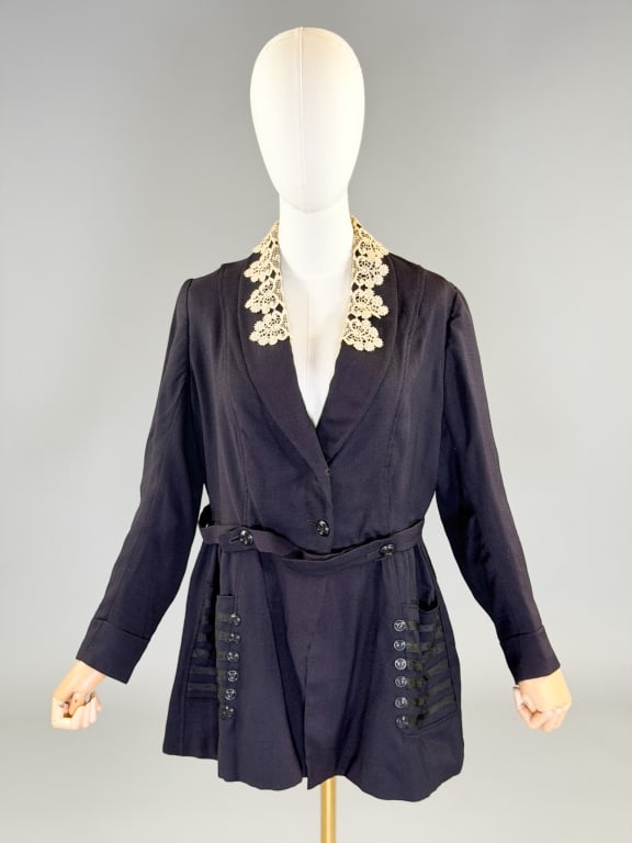 Antique Edwardian 1910s Wool Button Coat Jacket: Antique Edwardian 1910s Wool Button Coat Jacket having lace detail at neck with button and ribbon details throughout, fully lined. Measuring 42 inch bust, 36 inch waist, 28 inches long, 22 inch sleeve
