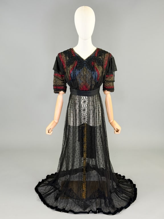 Antique Edwardian 1900s Silk Lace Net Gown Dress: Antique Edwardian 1900s Silk Lace Net Gown Dress having empire waistline with hook closure at center back. Measuring 36 inch bust, 26 inch waist, 52 inches long, 13 inch sleeve length. General wear as