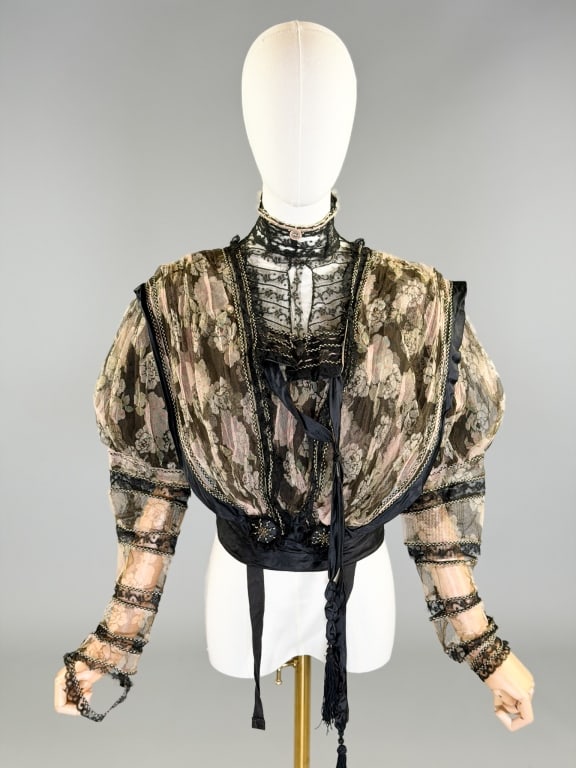 Antique Edwardian 1900s Floral Net Lace Bodice Top: Antique Edwardian 1900s Floral Net Lace Bodice Top having back hook closure. Measuring 38 inch bust, 30 inch waist, 18 inches long, 23 inch sleeve length. General wear and tearing throughout as shown.