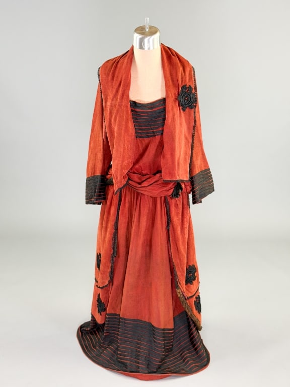 Antique Edwardian 1900s Velvet Ribbon Stripe Dress: Antique Edwardian 1900s Velvet Ribbon Stripe Dress having snap and hook closures at front. Measuring 38 inch bust, 28 inch waist, 47 inches long, 16 inch sleeve length. General wear, holes, spots and 