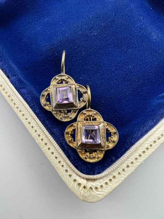 Gold Over Sterling w Amethyst Alhambra Earrings (1 of 6)