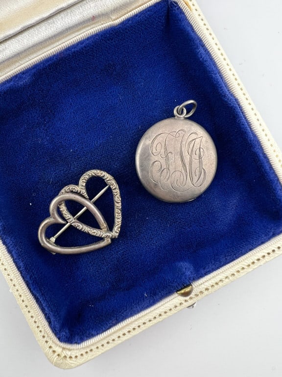 Antique Sterling Silver Locket Double Heart Brooch (1 of 9)