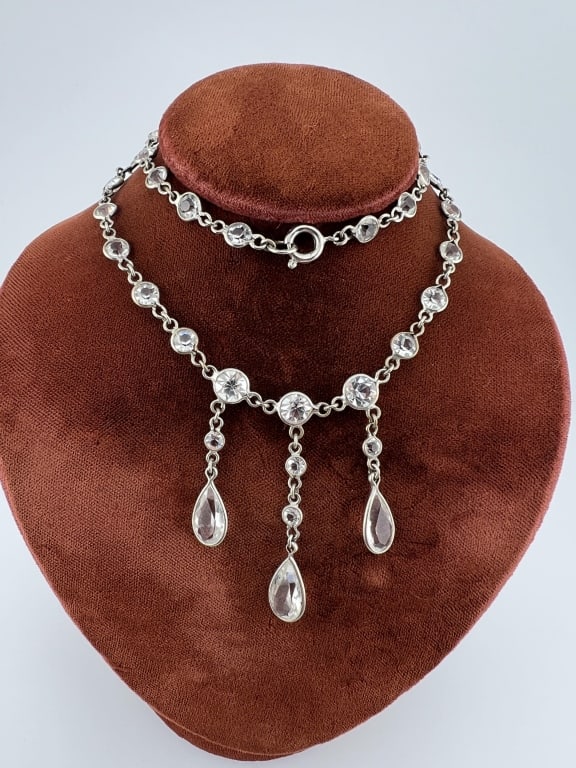 Antique Art Deco Czechoslovakian Paste Necklace: Antique Art Deco Czechoslovakian Paste Necklace w Drop Pendants. Clasp is stamped CZECHOSLOVAKIA. Measures nearly 17 inches in length.