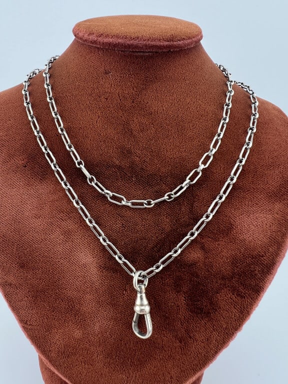 Antique Sterling Trombone Link Necklace Chain: Antique Sterling Trombone Link Necklace Chain. Antique sterling silver trombone link necklace chain with dog clip for pendant / charms. Spring ring clasp. Hallmarked STERLING at clasp and for 14kt gol
