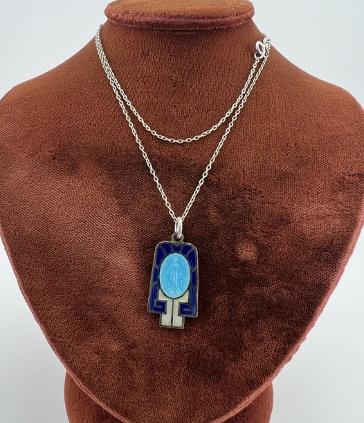 Antique Enamel Virgin Mary Sterling Silver Pendant (1 of 7)