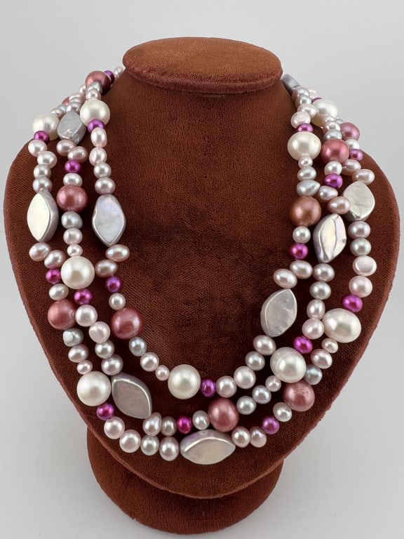 Sterling & Baroque Pearl Three Strand Necklace: Sterling & Baroque Pearl Three Strand Necklace. Hallmarked. Three with three strands of varying size and shape baroque pearls in high luster tones of white, silver, purple, pink and gray. Measures 20 