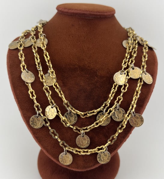 Vintage Coin Gold Filled Gilt Metal Charm Necklace: Vintage Coin Gold Filled Gilt Metal Charm Necklace. Measures 46 inches.