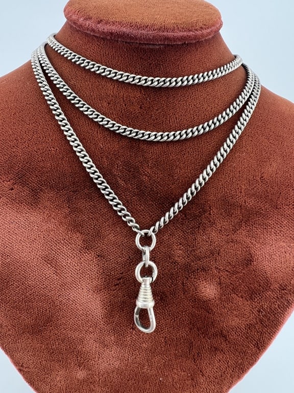 Antique Sterling Watch Chain Necklace w Dog Clip: Antique Sterling Watch Chain Necklace w Dog Clip. Curb link chain set with a spring ring clasp and dog clip for pendant / charms. Spring ring is hallmarked 925 and dog clip is hallmarked 800. Measures