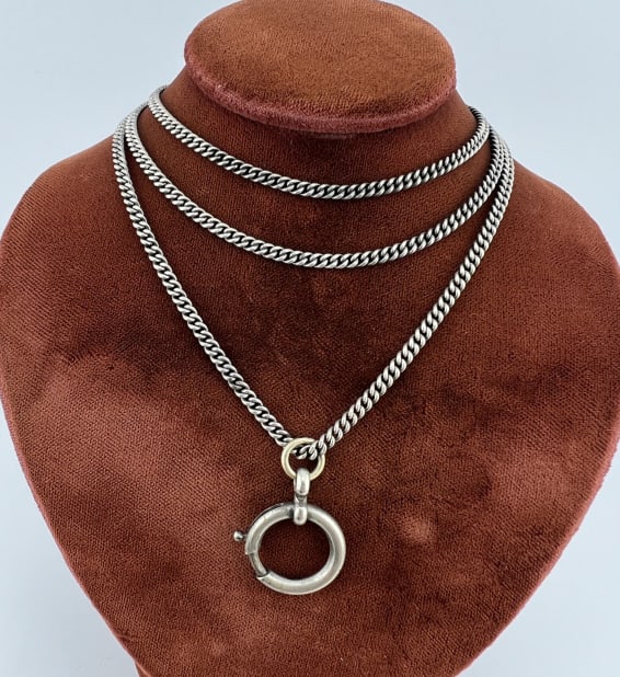Antique Sterling Watch Chain Necklace Spring Ring: Antique Sterling Watch Chain Necklace w Large Spring Ring for Pendant / Charm Collection. Clasp is marked 925, chain tests for silver, spring ring may be plate. Chain measures 28 inches in length.