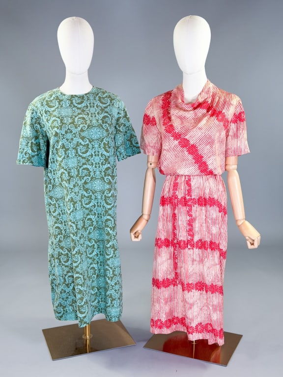Pair Of Vintage 1960s Silk & Cotton Dresses: Pair Of Vintage 1960s Silk & Cotton Dresses having one silk floral print dress with back zip closure measuring 42 inch bust, 30 inch waist, 48 inches long, 9 inch sleeve length. Cotton printed dress w