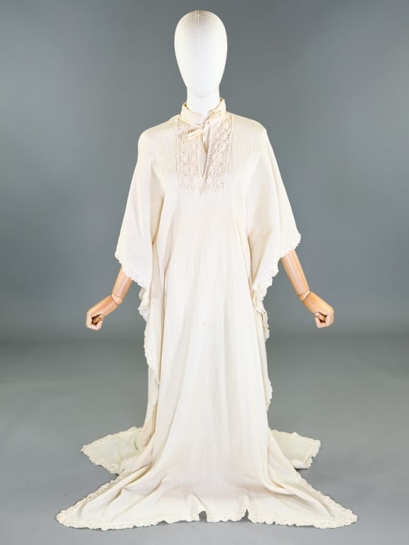 Vintage 1970s Pleated Cotton Lace Caftan Dress (1 of 7)