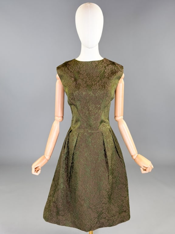 Vintage 1960s Green Floral Brocade Day Dress: Vintage 1960s Green Floral Brocade Day Dress having back zip closure. Measuring 40 inch bust, 30 inch waist, 40 inches long.