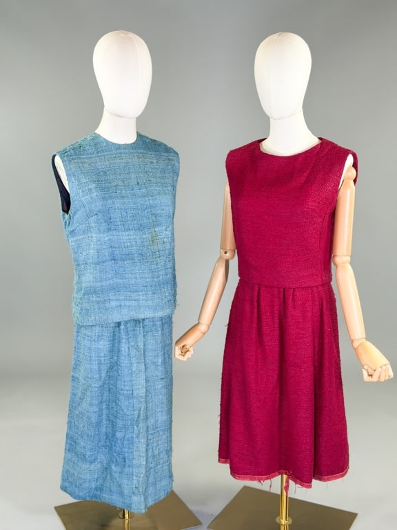 Pair Of Vintage 1960s Wool Skirt Suit Sets: Pair Of Vintage 1960s Wool Skirt Suit Sets having blue set and pink set. Blue set measuring 40 inch bust, 22 inches long, skirt waist 28 inches, 26 inches long. Pink set measuring 40 inch bust, 17 inc