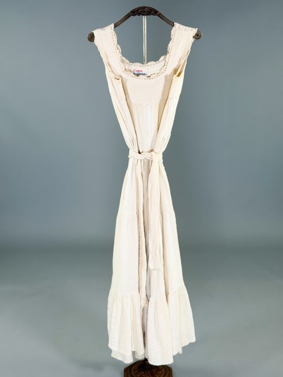 Vintage 1970s Cotton Gauze Maxi Tent Hippy Dress: Vintage 1970s Cotton Gauze Maxi Tent Hippy Dress having tiers through body and crochet trim. Labeled Design by Andrea for Grecophilia - marked size S. Measuring 32 inch bust, 40 inch waist, 48 inches 
