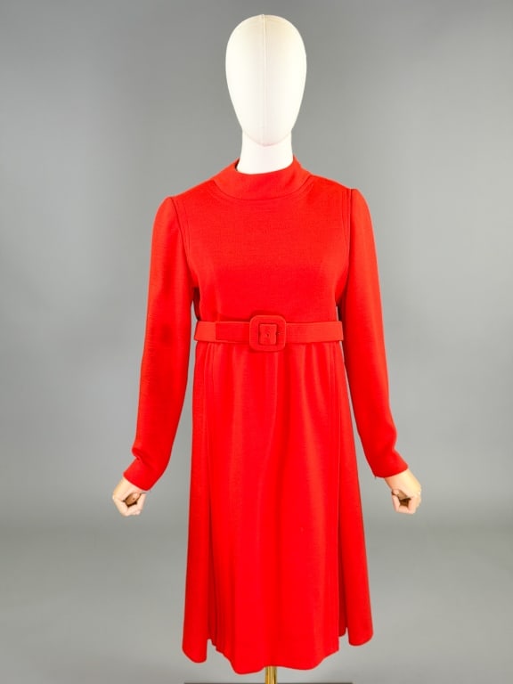 Vintage 1960s Wool Mod Knit A-Line Dress: Vintage 1960s Wool Mod Knit A-Line Dress having center back button closure with removable belt at waist, fully lined. Measuring 36 inch bust, 32 inch waist, 38 inches long, 24 inch sleeve length. Gene
