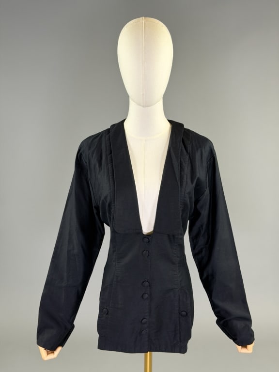 Vintage 1980s Xabia Cotton Button Front Jacket Top: Vintage 1980s Xabia Cotton Button Front Jacket Top having shawl collar with button front closure, labeled Xabia, marked size 10. Measuring 40 inch bust, 30 inch waist, 27 inches long, 23 inch sleeve l