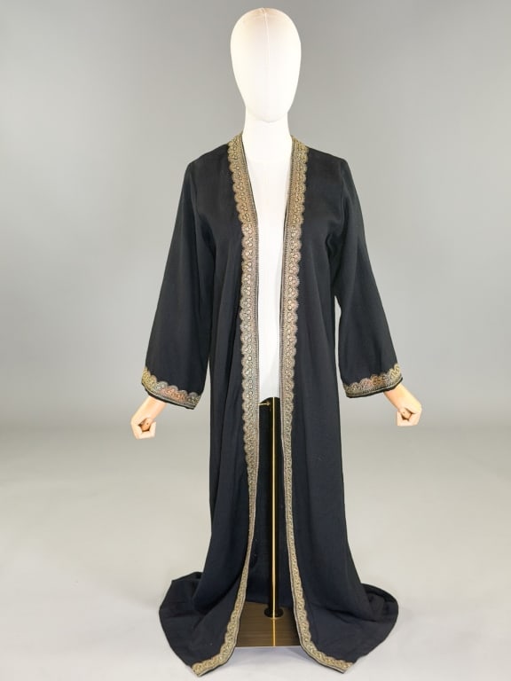 Vintage Wool Lame Embroidered Duster Coat Jacket: Vintage Wool Lame Embroidered Duster Coat Jacket having open front and lame embroidery throughout. Measuring open bust, 53 inches long, 21 inch sleeve length. General wear as shown throughout.
