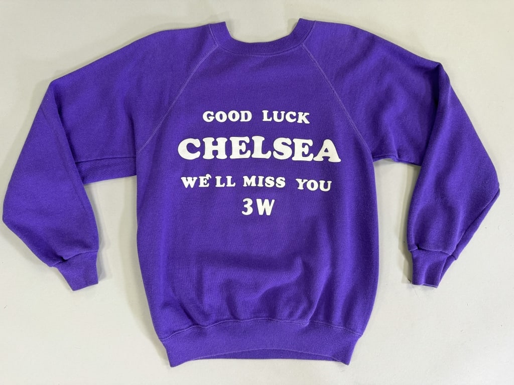 Vintage 1990s Hanes Flocked Letter Sweatshirt Top: Vintage 1990s Hanes Flocked Letter Sweatshirt Top having flocked letter graphic at front reading "GOOD LUCK CHELSEA WE'LL MISS YOU 3W". Labeled Hanes - marked size S. Measuring 36-40 inch bust, 23 inc