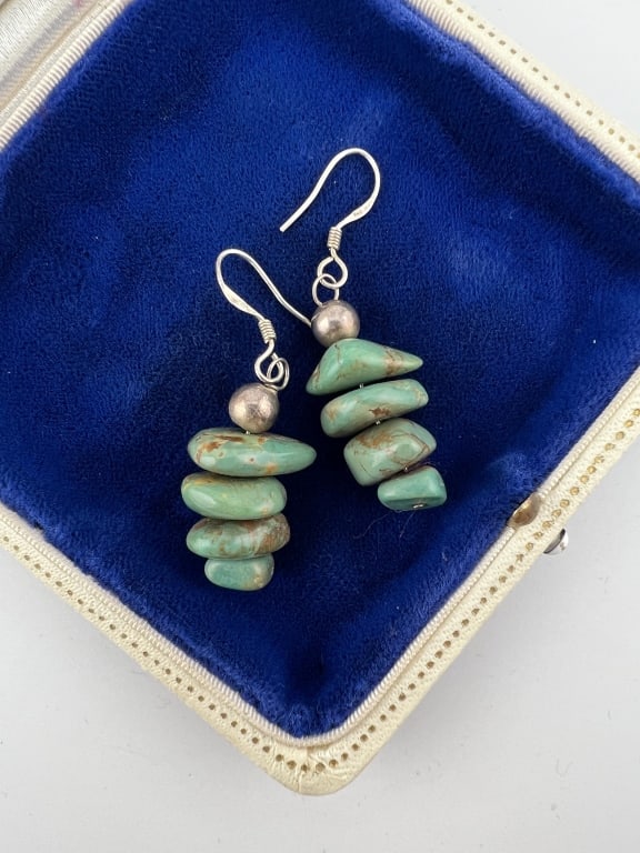 Native American Sterling Turquoise Pendant Earring: Pair of Native American Sterling Silver & Turquoise Pendant Earrings. Hallmarked. Each measures just under 2 inches in length.
