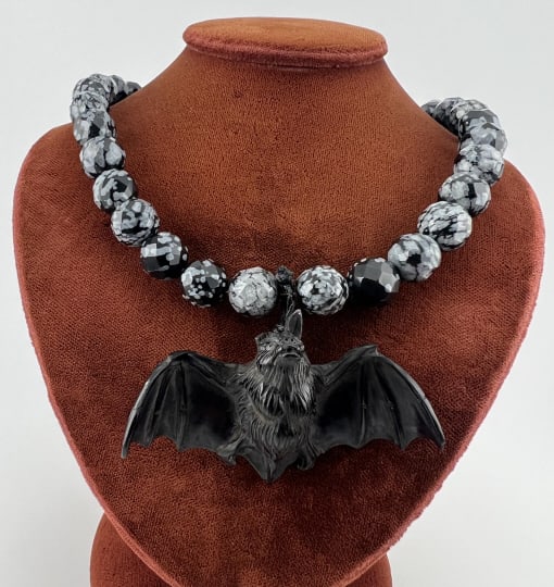 Sterling & Obsidian Necklace w Carved Bat Pendant (1 of 8)