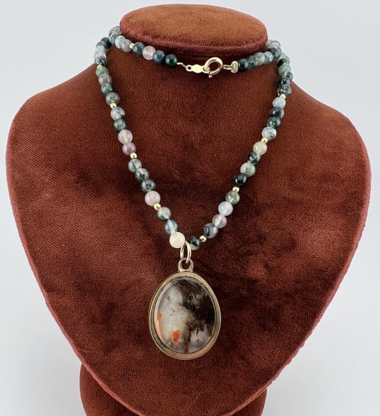 Agate Necklace w Antique Dendritic Agate Pendant: Agate Necklace w Antique Dendritic Agate Pendant. Necklace strand with agate beads and gold filled clasp set with an antique 19th century Victorian era necklace pendant / fob. One side of the fob with