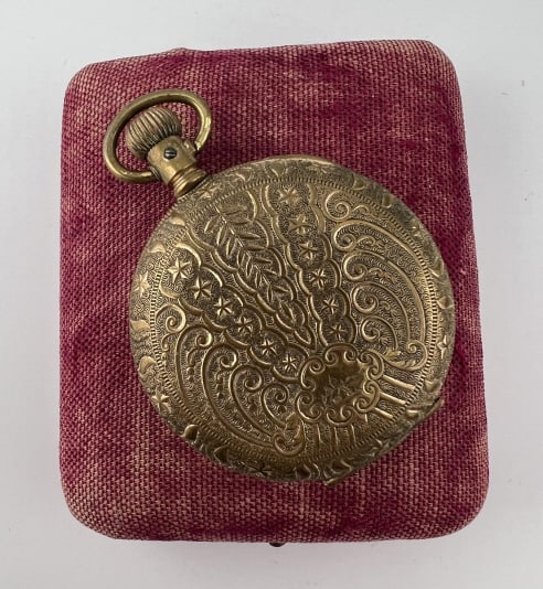 Antique New York Standard Gold Filled Pocket Watch: Antique New York Standard Gold Filled Pocket Watch. White enamel face with smaller second hand dial inset at bottom. Measures 2.25 inches in length.