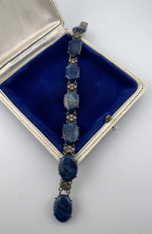 Antique Art Deco Sterling Sodalite Panel Bracelet: Antique Art Deco Sterling Silver & Cabochon Sodalite Panel Bracelet. With marcasite accents. Stamped STERLING. Measures approximately 7 inches in length.