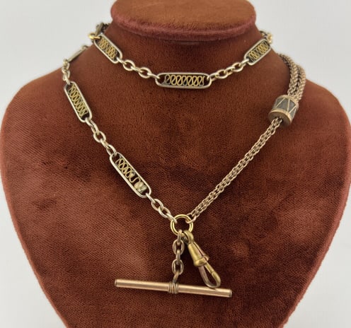 Antique Watch Chain Necklace w Dog Clip & T Bar: Antique Watch Chain Necklace w Dog Clip & T Bar. Adjustable length as part of the necklace made with gold filled chain that slides to extend / shorten. Spring ring clasp. Dog clip for pendant / charms