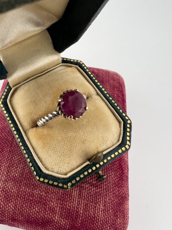 Ruby Solitaire Ring Sterling Silver w Gold Accent - 3