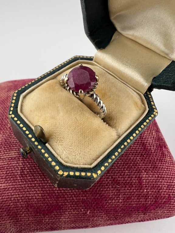 Ruby Solitaire Ring Sterling Silver w Gold Accent - 4