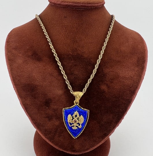 Russian Eagle on Blue Enamel Necklace Pendant: Russian Eagle on Blue Enamel Necklace Pendant w Gold Filled Rope Chain. Chain measures 15 inches in length, pendant measures 1.5 inches in length.