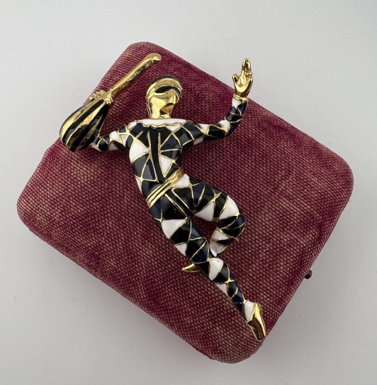 Enamel Decorated Harlequin w Lute Gilt Brooch: Enamel Decorated Harlequin w Lute Gilt Brooch. Unsigned, vintage costume jewelry. Measures 3 inches in length.