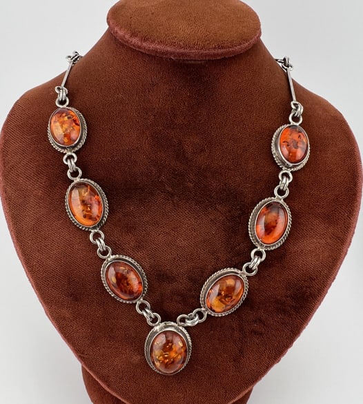 Vintage Silver & Cabochon Amber Necklace: Vintage Silver & Cabochon Amber Necklace w Pendant Drop. Measures approximately 17 inches in length. Hallmarked on back.