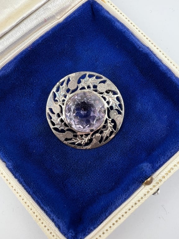 Scottish Sterling & Amethyst Thistle Brooch Pin (1 of 5)