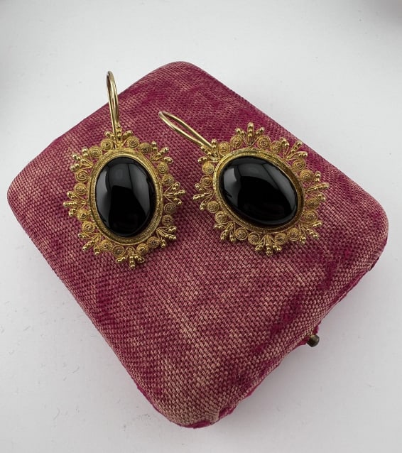 Estate Gold Over Sterling Etruscan Revival Earring: Pair of Estate Gold Over Sterling Etruscan Revival Earrings. Gold over sterling silver with black onyx cabochons. Hallmarked. Each measures 1.75 inches in length.