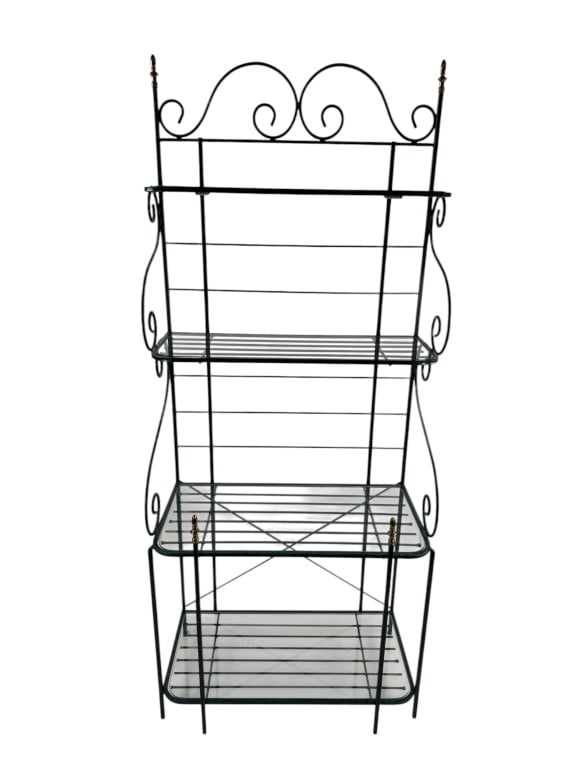 Vintage Kitchen Baker's Rack w Brass Accents: Vintage Kitchen Baker's Rack w Brass Accents. Painted metal frame, glass shelves and brass finials. Measures 73.5 x 31 x 17 inches.