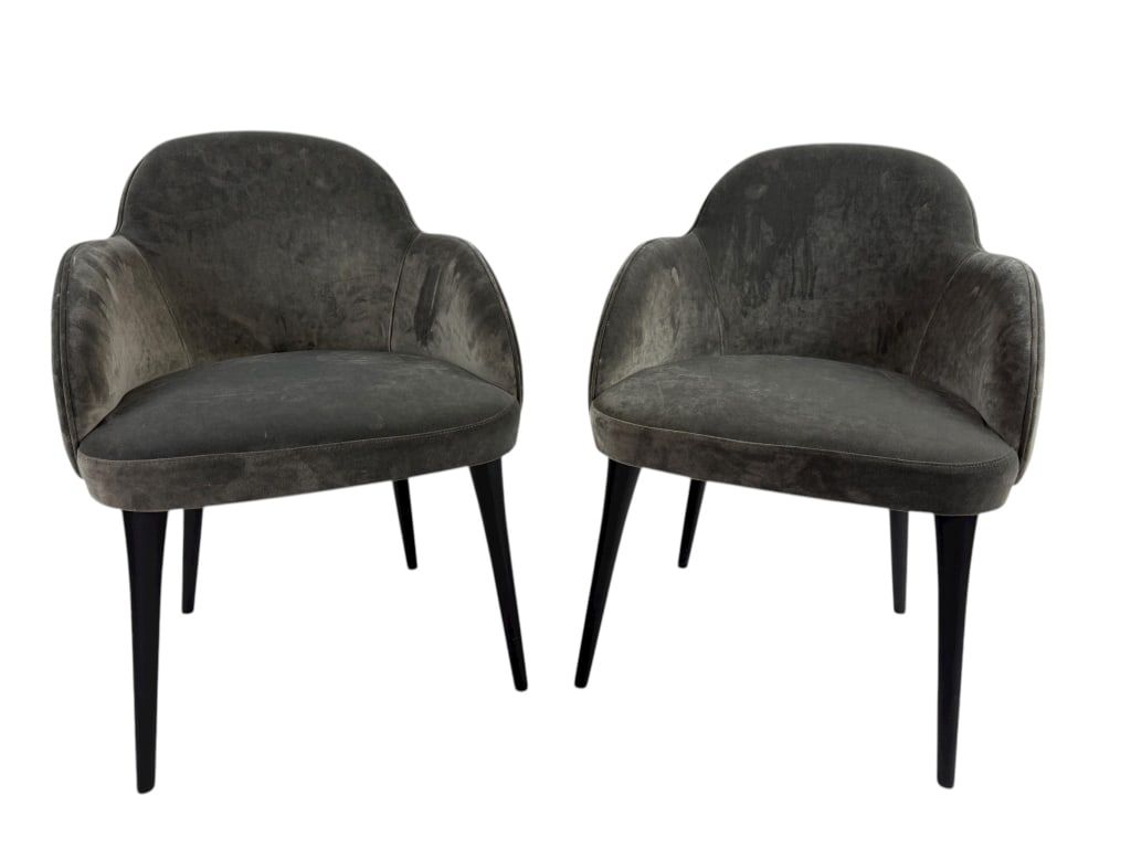 Pair of Contemporary Modern Italian Made Chairs: Pair of Contemporary Modern Italian Made Chairs. Mid Century Modern style, with velvet upholstery, bottoms are marked Crate & Barrel MADE IN ITALY. Each measures 32 inches in height, 22 inches in widt